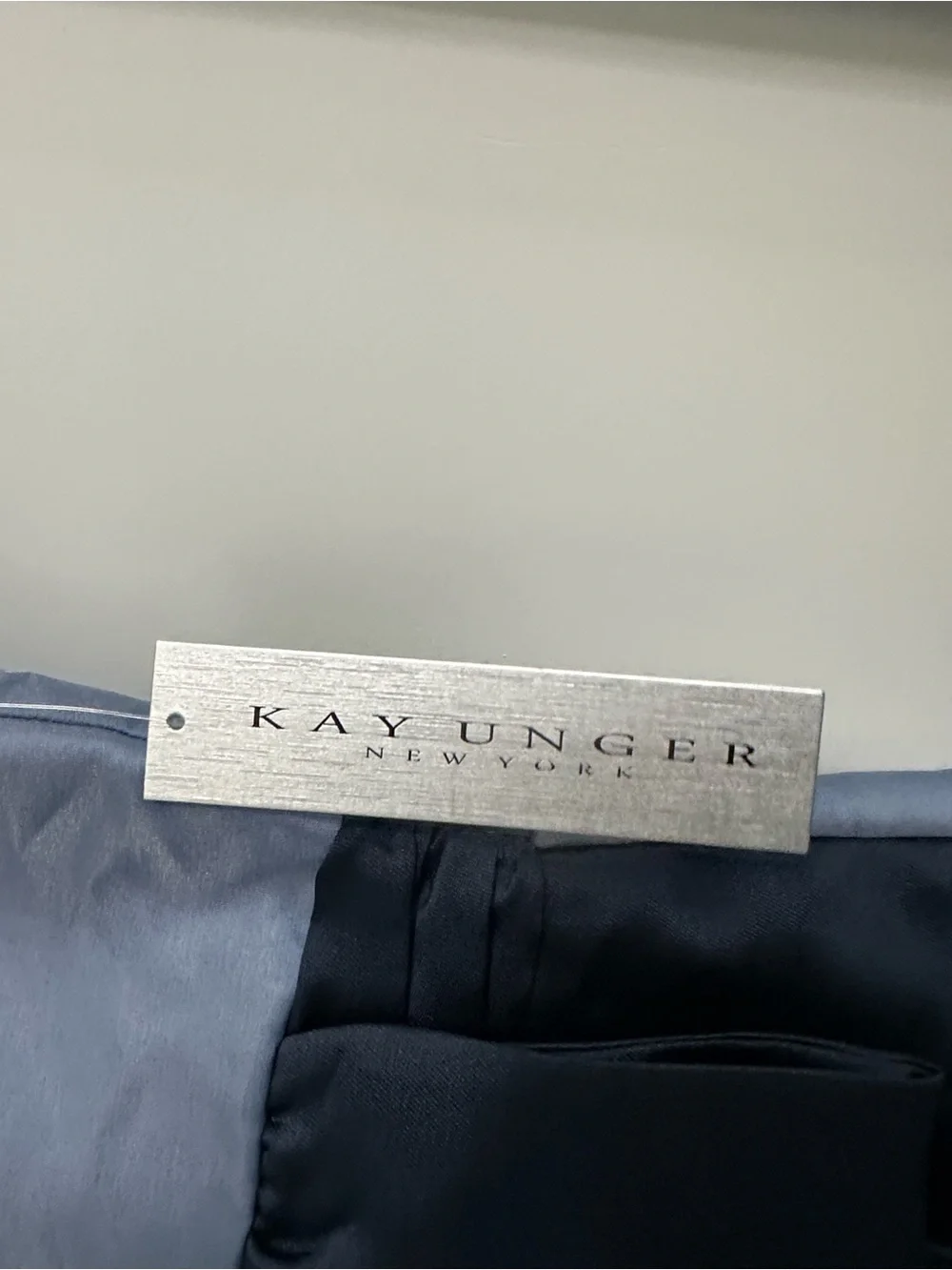 Kay Unger Slate Blue Satin Midi Dress with Navy Waist Sash - Picture 2 of 5